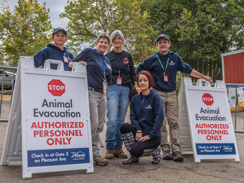 5 people standing near animal evacuation signs